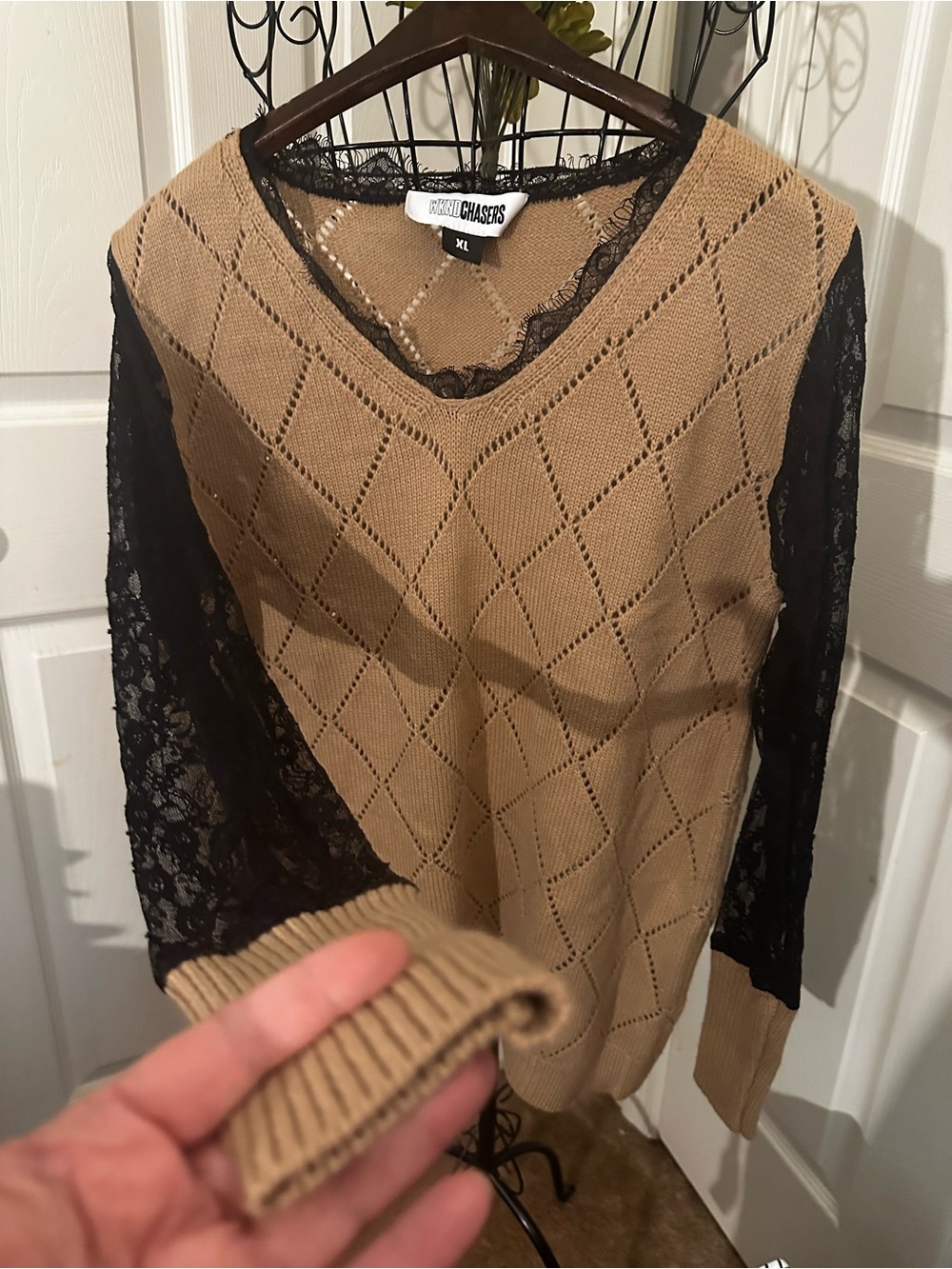 Wind Chaser Tan Knit Sweater with Black Lace Sleeves